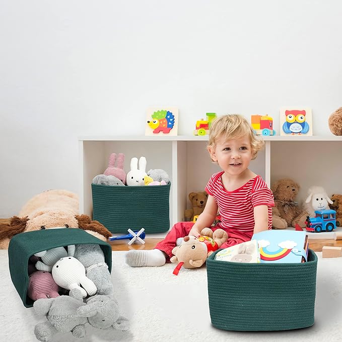 XUANGUO Woven Cotton Rope Storage Baskets 15x10x9.3" 3 Pack Dark Green | Decorative rectangular storage baskets for shelves and closets; storage bins organize clothes, toys, books and nursery items.