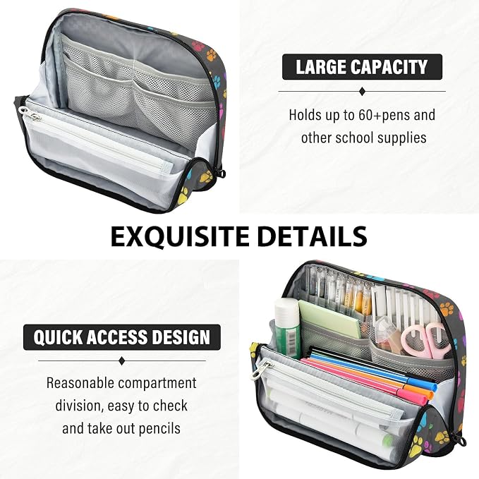 Aslsiy Large Capacity Pencil Case Bright Color Pet Paws (2) Pencil Pouch for Boys Girls Portable Pen Bag Organizer Standing Makeup Bag for School Office Supplies