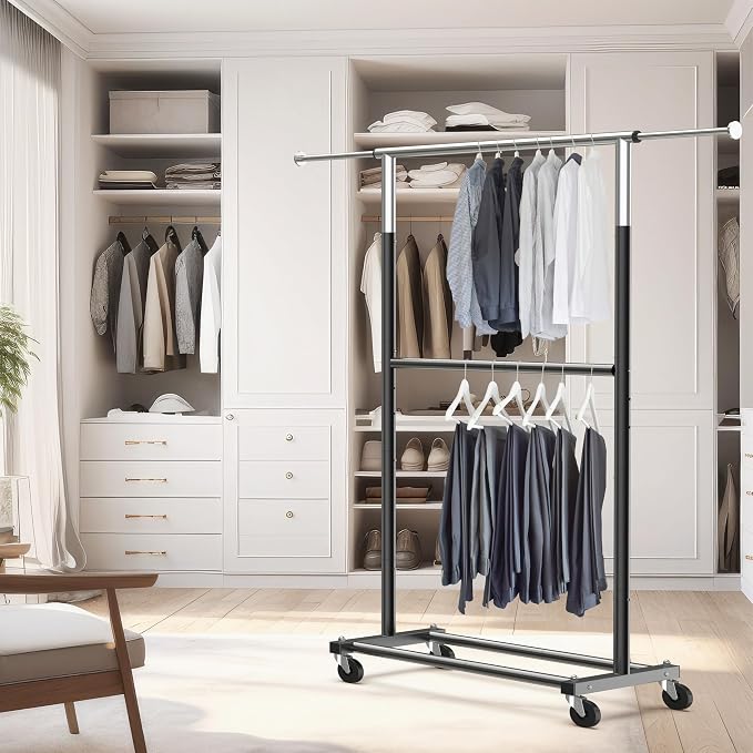 Simple Houseware Double Rod Adjustable Clothing Garment Rack, Black | Extendable Width from 30 to 48 Inches