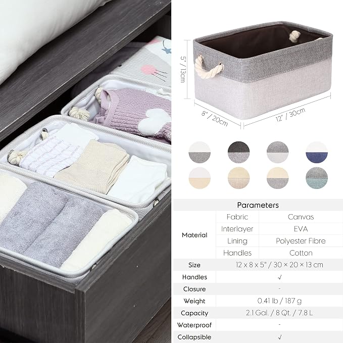 Sea Team Compact Rectangle Canvas Open-Top Storage Baskets, 3-Pack | Collapsible Fabric Storage Bins with Handles, Closet Shelf Organizers, 12 x 8 x 5 Inches, Tan & Beige