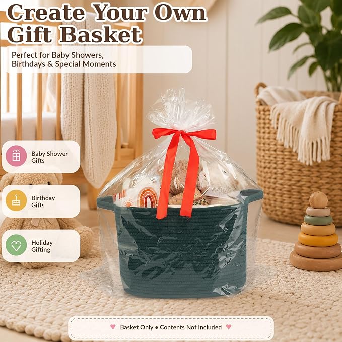 XUANGUO Woven Cotton Rope Storage Basket13x10x9 inch Forest Green | Woven cotton rope basket for shelves and closets. Perfect for toys, books, clothes, nursery storage and gift baskets.