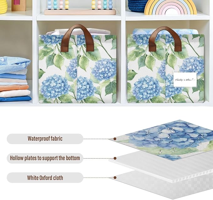 Watercolor Blue Hydrangea Flowers Storage Bins for Shelves with Labels&Handles Fabric Organizer Bin Foldable Rectangle Storage Basket Boxes for Closet, Bathroom, Home, Living Room