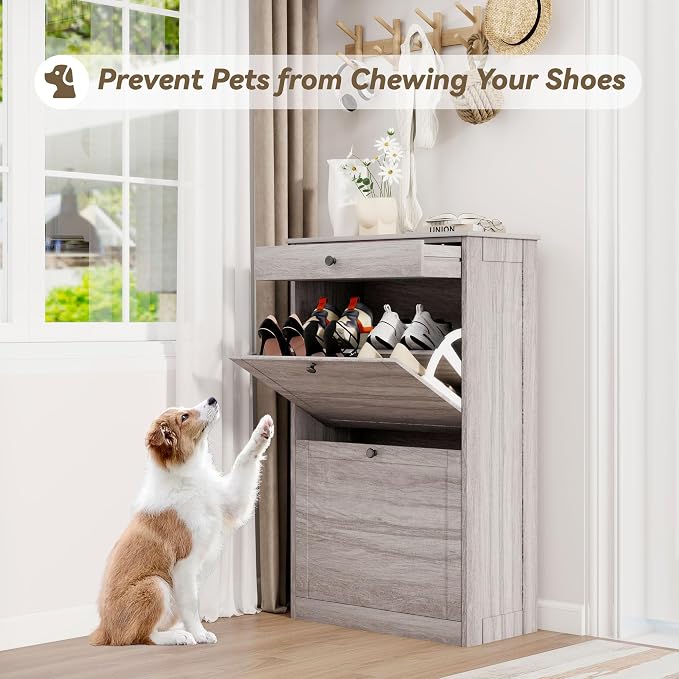 FTZxHKLX Shoe Rack Cabinet 2 Flip Drawers, Entryway Shoe Storage, Wash Grey | Narrow Shoe Cabinet Organizer with Top Drawer, Freestanding Hidden Shoe Organizer for Entryway , Hallway, Foyer