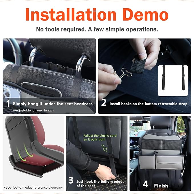 Multifunctional Car Seat Back Organizer with Large Tissue Box Holder, Large Water Bottle Storage, Phone Pouch for Road Trips (Gray)