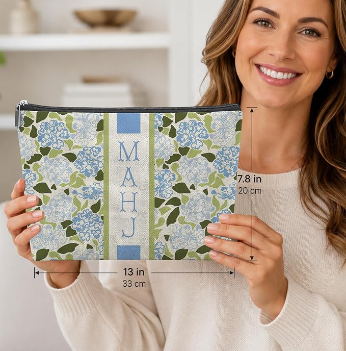 Blue and Green Hydrangea Empty Mahjong Tile Bag 13x7.8 Inch, | Blue Floral Printed Portable Travel Case Organizer Zipper Pouch for American Mahjong Tiles Game Night Accessories and Gifts