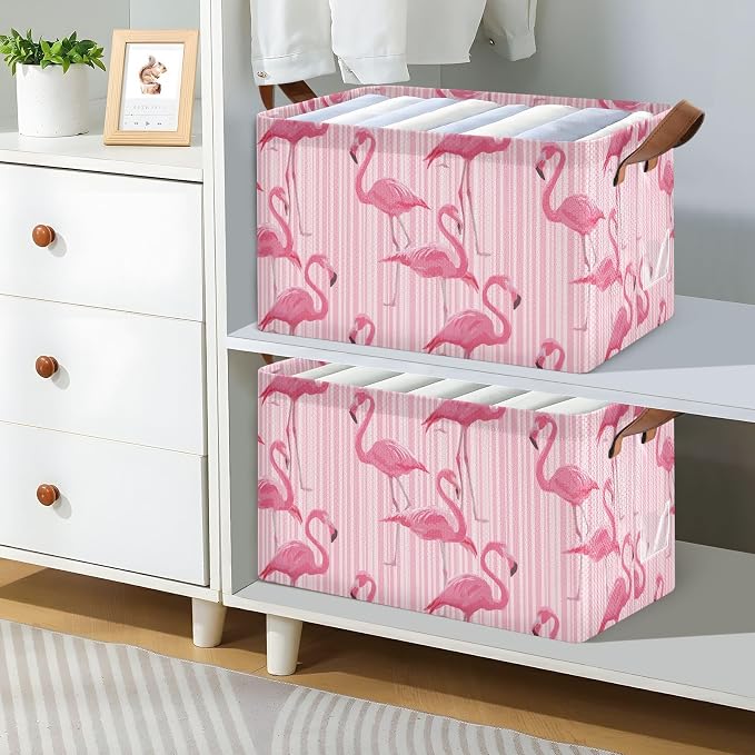 Pink Striped Bg Tropical Flamingo Storage Basket Foldable Cube Storage Bins with Handles&Label Waterproof Collapsible Organizer Box Bin Large Rectangle Decorative Baskets for Shelves Home Room Laundry