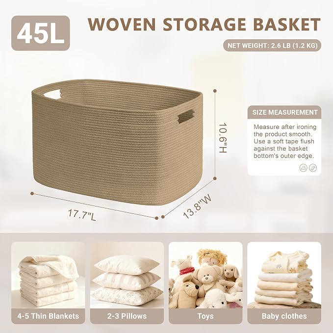 45L Small Woven Laundry Basket Hamper with Handles, Jute | collapsible wicker hamper, storage for dirty clothes, toys, blankets, gifts, living room, bedroom, bathroom, 18"x14"x11"