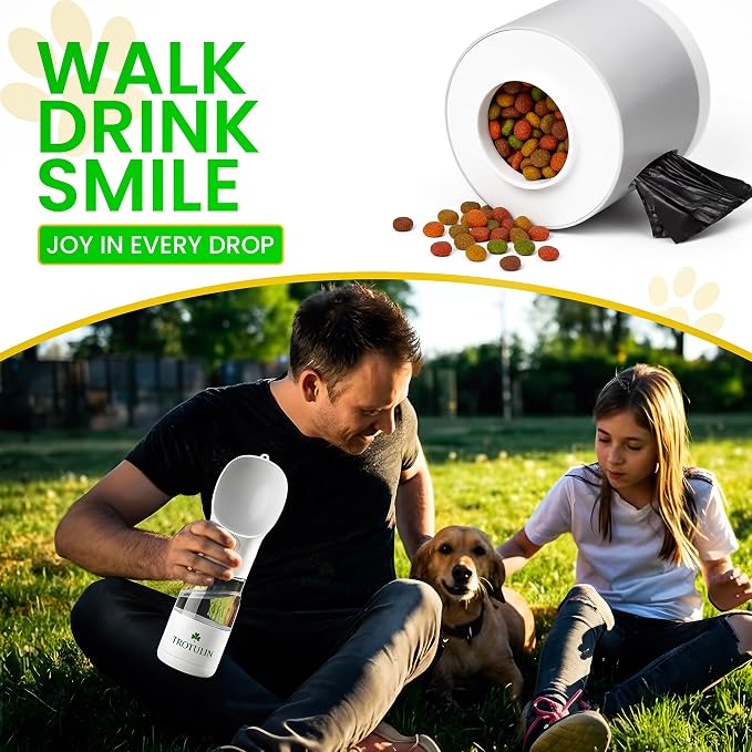 3-in-1 Portable Dog Water Bottle & Food Container,Leak Proof Pet Dispenser with Bowl, Poop Bag Holder & Wrist Strap, BPA Free Travel Water Bottle for Dogs & Cats, Outdoor Walks & Hiking