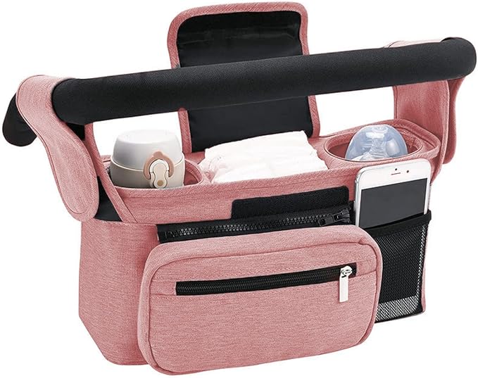 Compact Universal Stroller Organizer: Insulated Cup Holders, Detachable Phone Pouch + Shoulder Strap, Ideal for Parenting Journeys (Pink)
