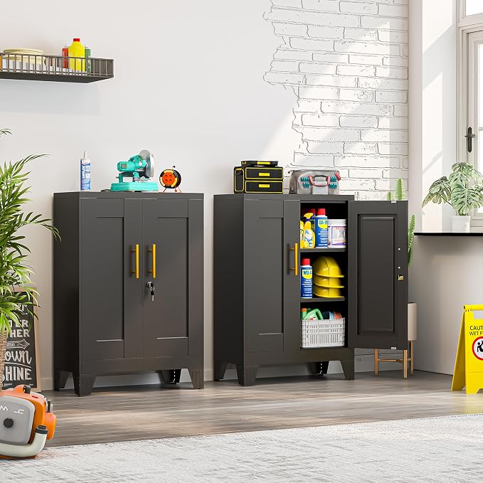 Small Metal Storage Cabinet, Lockable Tool Cabinet with Doors and 2 Shelves | Compact 23.6-Inch Width, 2 Adjustable Shelves, Locking Doors, Magnetic Closure, Adjustable Feet, Cold-Rolled Steel