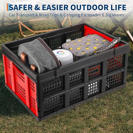 Garvee Collapsible Crate, 55L Foldable Plastic Milk Storage Crate, Red | Heavy Duty Stackable Plastic Crates Folding Storage Baskets for Groceries, Moving, Camping & Car Storage