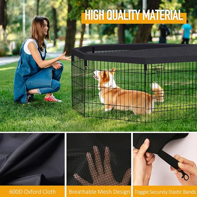 Peekaboo Dog Playpen Top Cover for 24-Inch 8-Panel Octagonal Pen, Black | 600D Oxford and breathable mesh top cover adds shade and an overhead barrier for indoor or outdoor pet play areas.