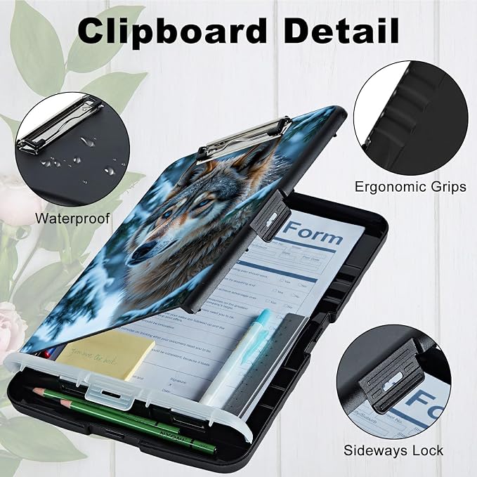 A4 Clipboard with Storage Pen Holder, Clipboards Organizer Nursing Clipboard Foldable File Folder Plastic Clipboard Folio Clip Board for Office Work Classroom Doctor, Snow Forest Wolf