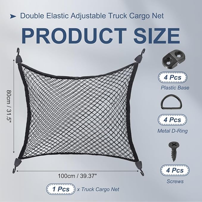 PATIKIL Truck Cargo Net, (39.4 x 31.5 Inch, Black) with Base and D-Ring | Double Elastic Adjustable Trunk Bed Net Stretchable Mesh Storage Organizer Heavy Duty for Pickup Trucks SUV Cars