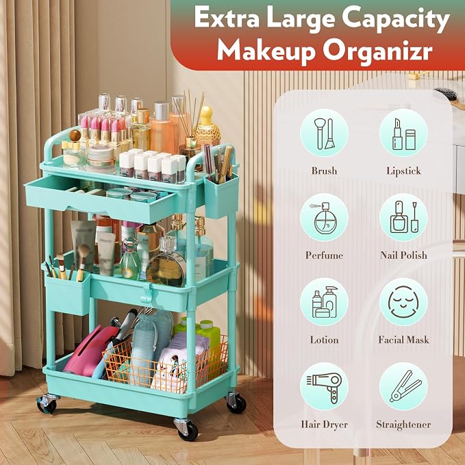 SUNALLY Makeup Cart Organizer with Drawer, 3 Tier Rolling Makeup Cart, Blue | Rolling Vanity Storage for Skin Care Perfume Nail Polish, Floor Skincare Organizers Cosmetics Display Bathroom Storage Cart