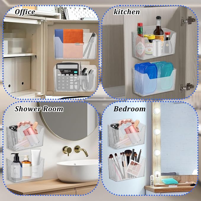 4 PCS Adhesive Kitchen Cabinet Door Organizer Storage Caddy, Clear Lid Organizer Cabinet Door Wall Mounted Pantry Storage Organizer for Food, Under Sink Door Storage Shelf for Kitchen Bathroom Office