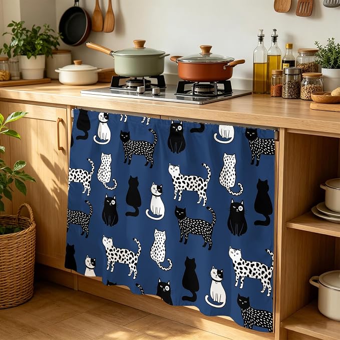 Cat Animal Cabinet Curtain 35"Wx35"L, Dustproof Under Sink Skirt with Self Adhesive Tape, Navy Blue Earthy Tone Vintage Pet Modern Cabinet Curtain Cover for Kitchen Sink, Bathroom Vanity, Laundry Room