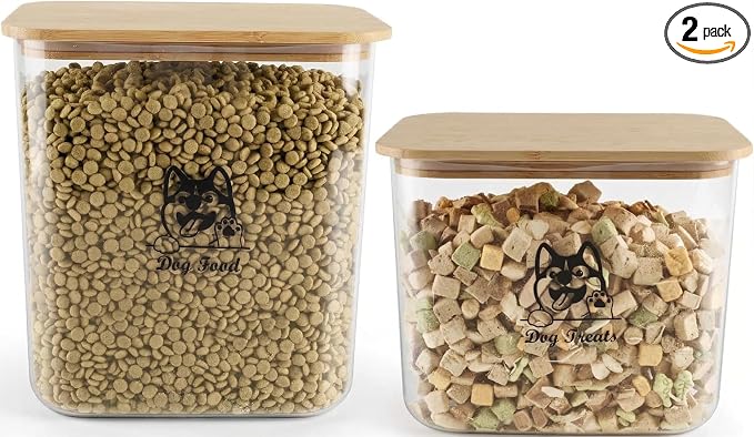 Pet Food Storage Containers, 2Pack Airtight Plastic Dog Cat Food Storage Container with Bamboo Lid,Dog Treat Container Jars Set,Treats Canister for Kitchen or Countertop,BPA Free, Clear
