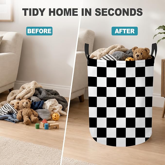 Laundry Hamper,Black White Checkerboard Collapsible Laundry Basket with Handles,Checkered Waterproof Oxford Cloth Clothes Organizer for Bedroom Bathroom Dorm Nursery,16 x 20 Inch
