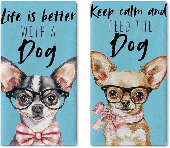 Funny Chihuahua Kitchen Dish Towels Set of 2, Blue Life is Better with a Dog Bow Drying Hand Towel Baking Cooking Cloth, Pet Dog Owner Lover Gifts Bathroom Home Decoration 18'' x 26''