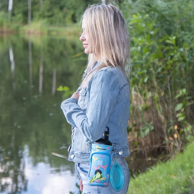 Made Easy Kit Water Bottle Carrier with Pocket for Dog Poop Waste Bags and Adjustable Padded Shoulder Strap (Large (32oz) with Bowl, Blue, Balloon Dogs)