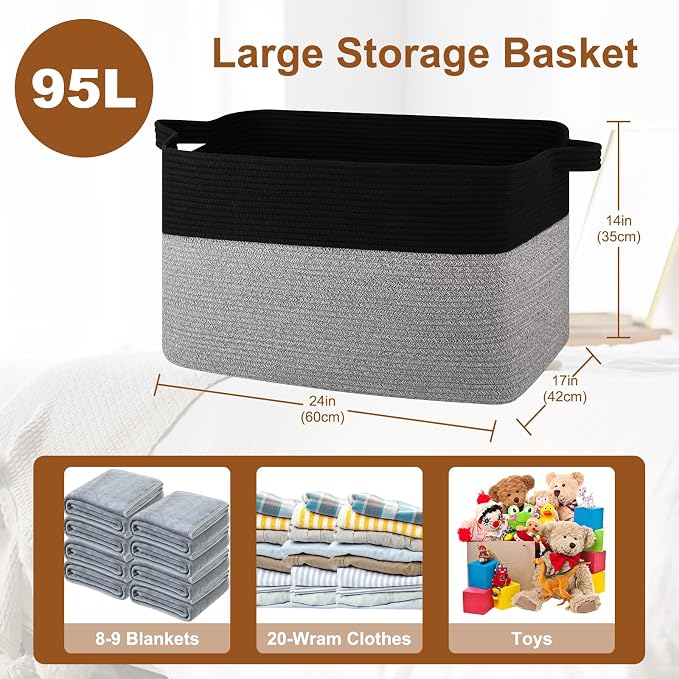 OIASKET 90L Extra Large Blanket Basket Living Room, 24"x16.9"x14.2" | Rectangle Woven Laundry Hamper, Nursery Blanket Storage Living Room, Toy Storage With Handle, Large Baskets for Organizing