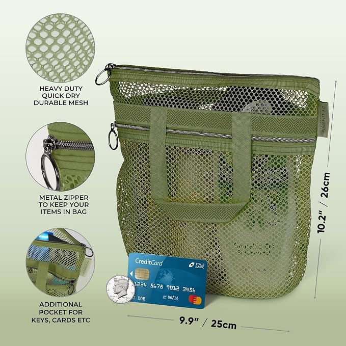 Mesh Shower Bag 10.2x9.9'' Quick-Dry Caddy with Zipper & 2 Pockets. Portable Toiletry Tote for Bathroom, Gym, Travel, Camp, Beach, for Sunscreen, Dorm & College Essentials (Olive Green)