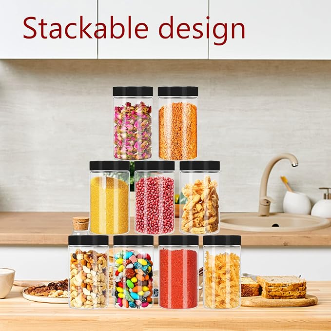 Hajoyful Plastic Jars with Lids 20Pcs 14 oz Clear Plastic Slime Storage Jars Containers with Airtight Leak Proof Black Plastic Screw On Lids Cylinder Clear Round Jar Food Grade Durable PET Jar