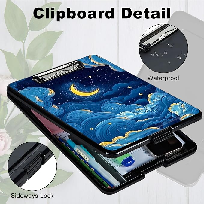 Moon Blue Clouds A4 Clipboard with Storage Pen Holder, Clipboards Organizer Nursing Clipboard Foldable File Folder Plastic Clipboard Folio Clip Board for Office Students Classroom Doctor