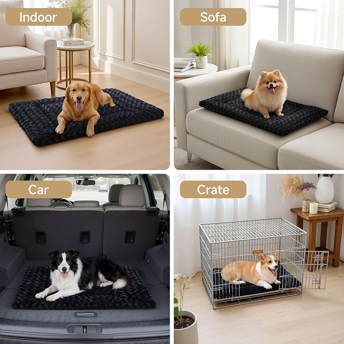 Exsnugy Washable Dog Bed Mat Medium Size Fluffy Pet Crate Pad 36x23 | Non-Slip Bottom Kennel Beds Ultra Soft Comfy Sleeping Mattress for Large Medium Small Dogs Black