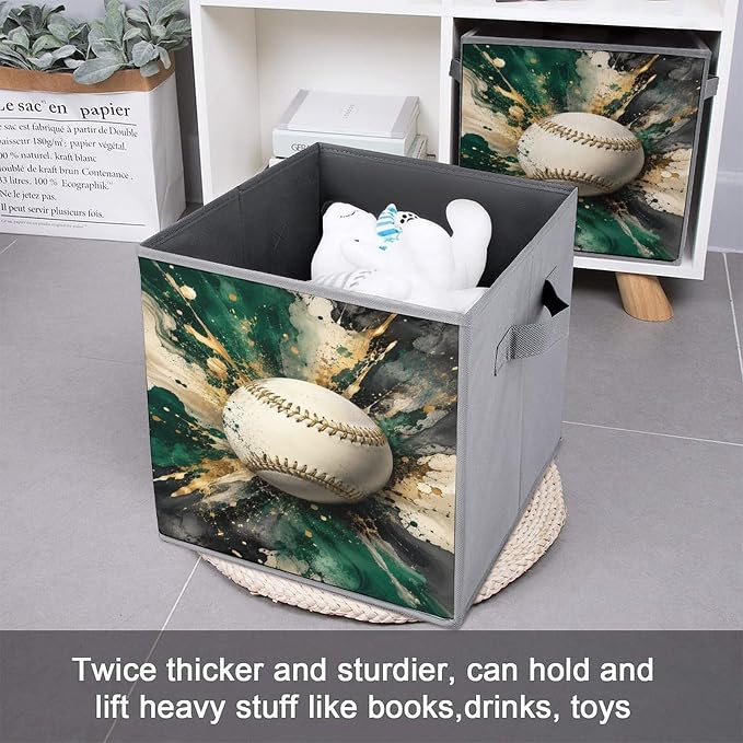Baseball Art Abstract Splash Design Storage Bin with Handles, Oxford Fabric Foldable Storage Cube Organizer for Clothes, Towels, Bedroom, Living Room, Home Organization