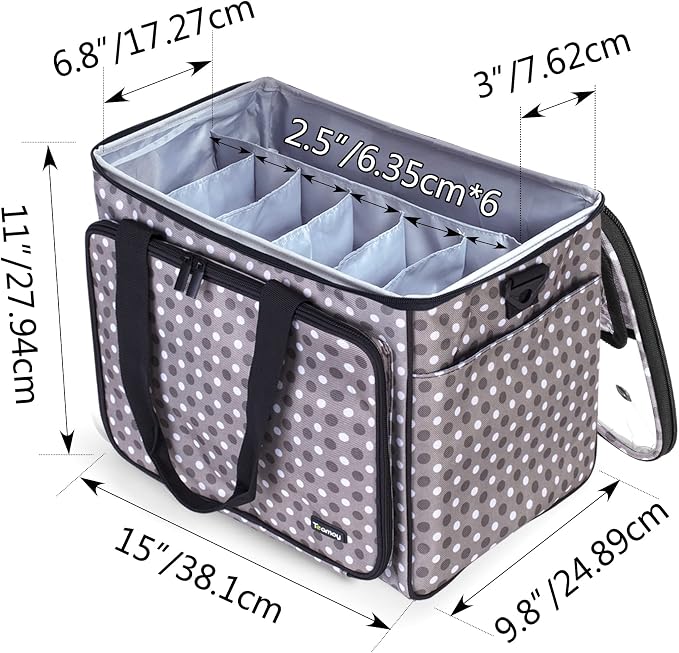 Teamoy Knitting Bag, Yarn Storage Organizer Crochet Bag Tote, Gray Dots | Yarn Holder with Inner Divider(Sewn to Bottom) for Crochet Hook, Knitting Needles(Up to 14"), Project and Crocheting Supplies