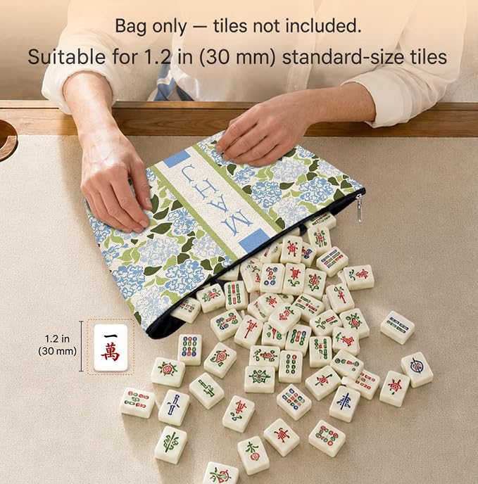 Blue and Green Hydrangea Empty Mahjong Tile Bag 13x7.8 Inch, | Blue Floral Printed Portable Travel Case Organizer Zipper Pouch for American Mahjong Tiles Game Night Accessories and Gifts