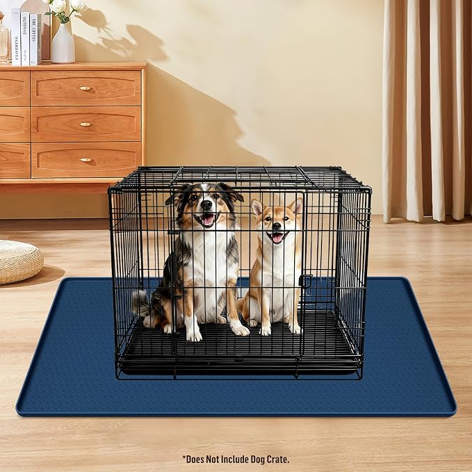 Silicone Dog Bed Mat 51"x 25.6" Crate Mat for Dog Cages, Blue | Extra Large Kennel Mat with Raised Edge, Washable, Leakproof, Waterproof Dog Mat for Crate, Dog Floor Mat to Protect Floors