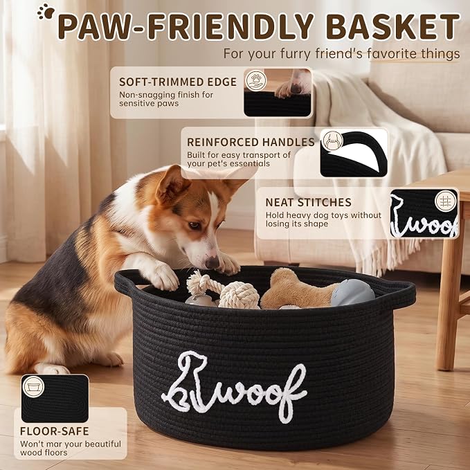 OIAHOMY 22L Large Dog Toy Basket, 16.5"x11.4"x9" Cotton Rope Basket with Cute Woof Embroidery, Soft Woven Pet Toy Box with Handles for Blankets, Leashes & Puppy Accessories, Decorative Organizer Black