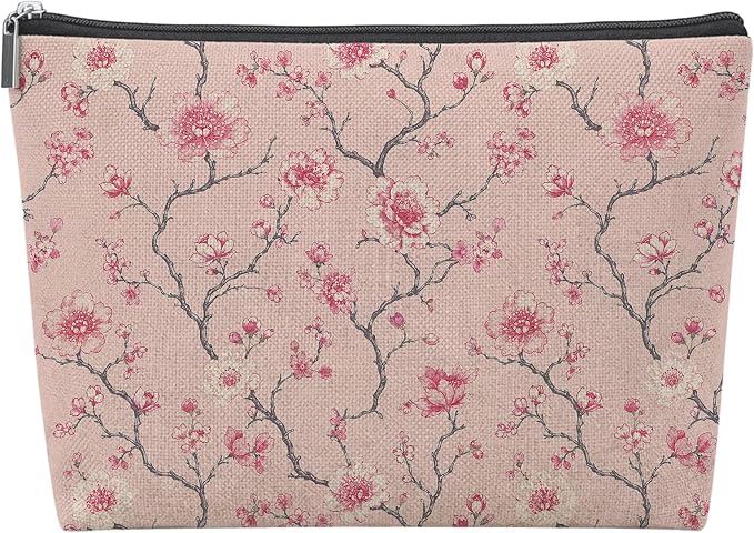 Pink Japanese Cherry Blossom Empty Mahjong Tile Bag 13x7.8in | Pink Floral Aesthetic Printed Portable Organizer Zipper Pouch for American Mahjong Tiles Accessories and Gifts