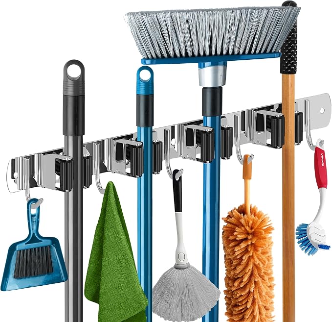 Mop and Broom Holder - Clear Cleaning Clutter and Reclaim Your Space | 5 Racks + 4 Hooks - Rust-Resistant Wall Organizer Holds Cleaning and Garden Tools Securely in Garages and Kitchens
