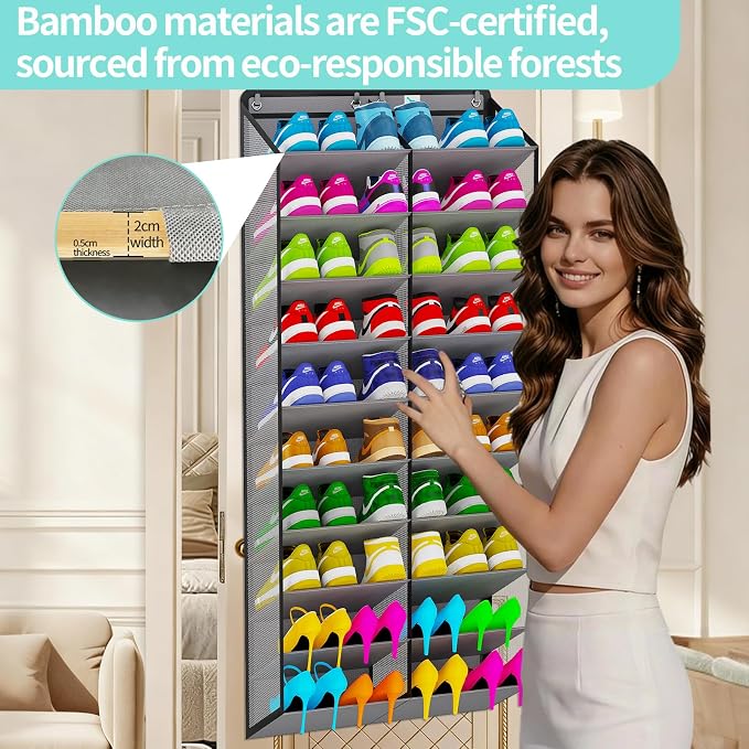Large Shoe Rack for Door 74 x 24 Inches, Over the Door Shoe Organizer, Heavy-Duty Hanging Shoe Storage for Closet, Extra-Wide 30 Pairs Shoe Holders Fit Family Sneakers Heels Boots - Grey