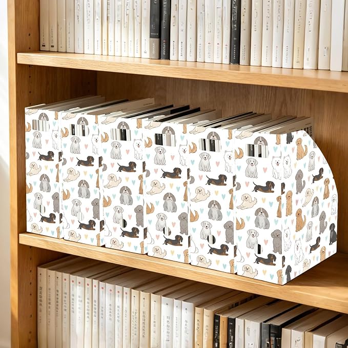 SPRIPORT Cute Pets Dogs Hearts Pattern Water Resistant PP Magazine File Holder Organizer for Desk, Foldable Storage Rack for School Office Library Document Sorter with Labels 23x30x10cm (3 Pack)