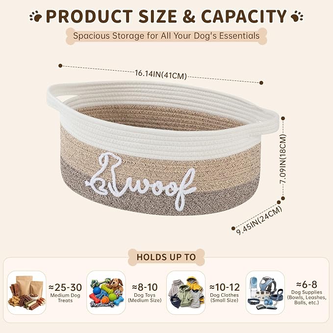 OIAHOMY 14L Large Dog Toy Basket, 16.1"x9.5"x7" Cotton Rope Basket with Cute Woof Embroidery, Soft Woven Pet Toy Box with Handles for Blankets, Leashes & Puppy Accessories, Decorative Organizer Brown