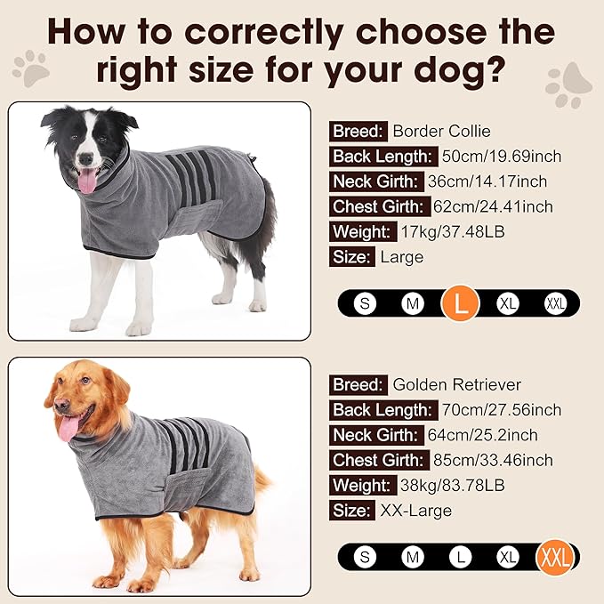 Microfibre Dog Bathrobe Towel Wrap Super Absorbent Dog Drying Coat Bath Robe for Puppy, Medium & Large Dogs, Fast Drying, Adjustable