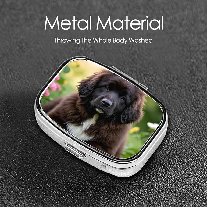 Pill Box with Mirror 2 Compartment Cute Pet Newfoundland Dog Small Pill Case for Purse Or Pocket Mini Metal Pill Holder Travel Weekly Medicine Tablet Vitamin Holder Organizer Travel Gifts