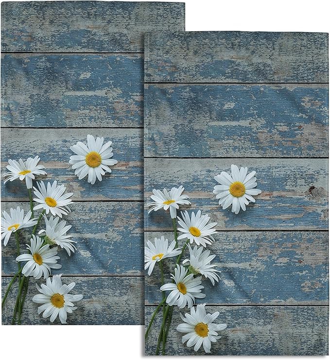 Giwawa Rustic Daisy Wood Grain Hand Towel,15x30 Set of 2,Country Retro Flower on Light Blue Wooden Board Hair Face Towel Farmhouse Wildflower Floral Cabin Planks Towel for Bathroom Girl Woman Guest
