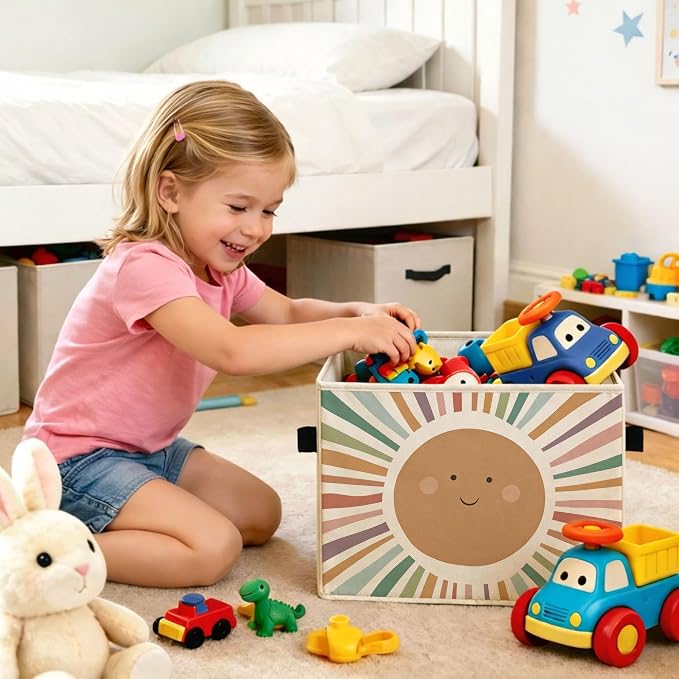 Progress Storage Bin, Foldable Fabric Basket for Kids Room Nursery | Foldable fabric storage bin with rainbow progress quote design for toys, books, clothes, nursery, bedroom, and playroom use.