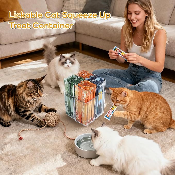 Lickable Cat Treats Organizer, Lazy Susan Acrylic Squeeze Up Cat Treats Storage Organizer with 4 Compartments, Wet Cat Food Storage Container for Kitchen Cabinet Pantry Shelf Countertop（Square）