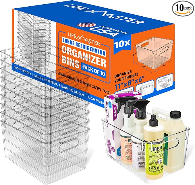 Lifemaster Stackable Refrigerator Bins - Set of 10 Large Capacity Organizers with Easy Grip Handles - Clear and Versatile for Kitchen Storage