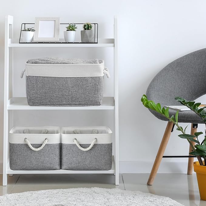 Storage Basket for Organizing - 15.7x11.8x8.2 inch Large 3 Pack Collapsible Storage Bins for Shelves, Fabric Storage Cubes for Gift Closet Linen Organization (White & Grey)