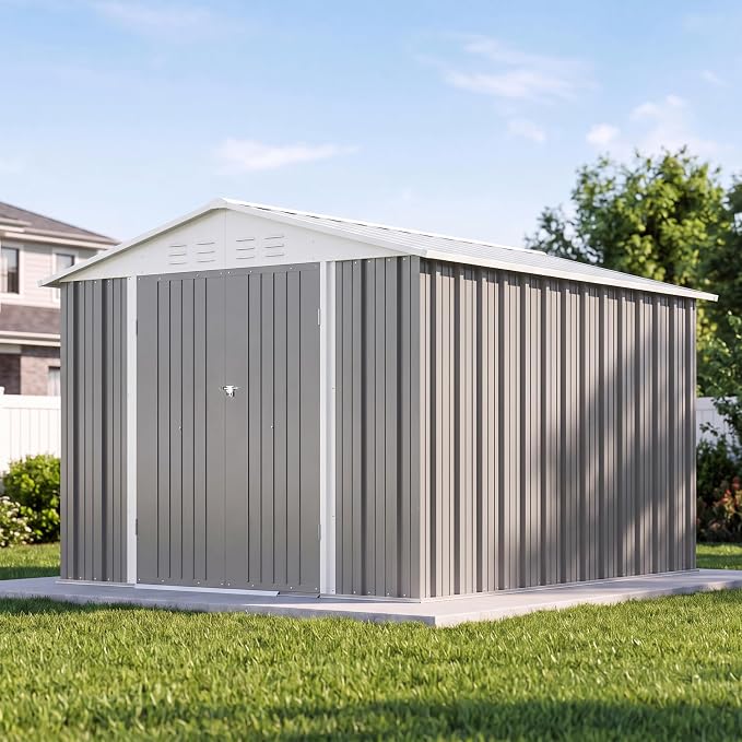 Devoko 8x10 FT Outdoor Storage Shed, Metal Tool Shed with Lockable Door&Slooping Roof, Outside Storage for Garden Backyard Patio(Gray)