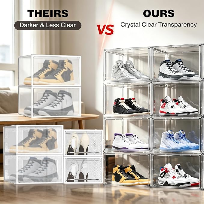 12 Pack Clear High-Top Sneaker Storage Boxes, Acrylic Shoe Organizer | Extra height 10.6'' for high-top sneakers & athletic footwear Size 11.Stackable display design keeps collections organized