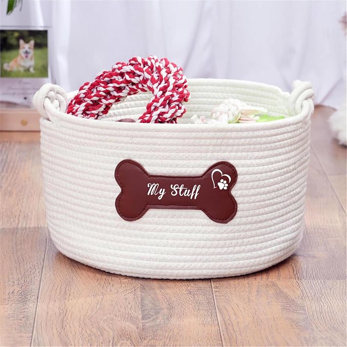 JUPPE Pet Dog Basket with Personalized Name, Dog Toys Storage Organizer Custom Cotton Rope Basket Nursery Decor (Brown Leather Basket)